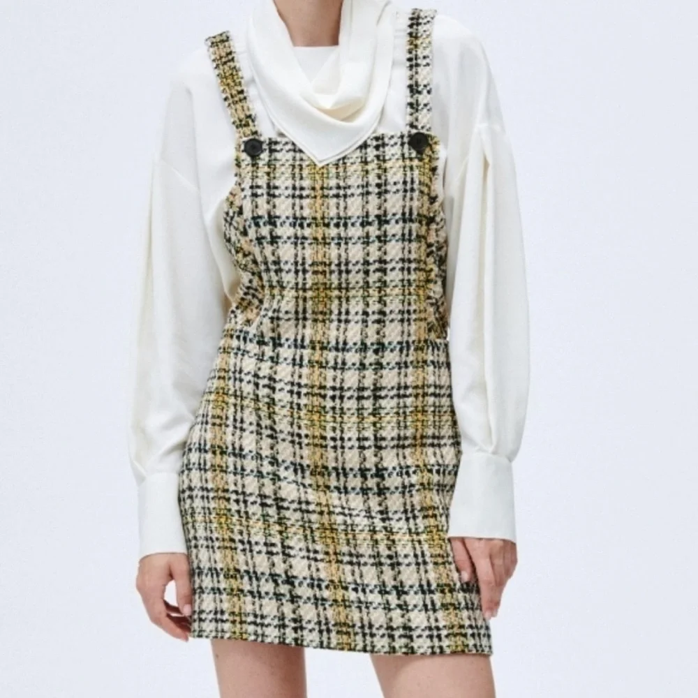 ZARA Textured Plaid Pinafore Dress Size M
